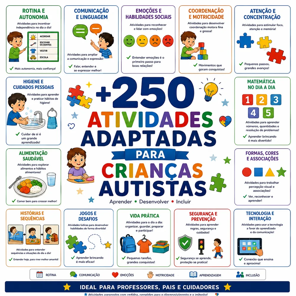 Capa do material: mais de 250 atividades adaptadas para crianças com autismo, organizadas por área de desenvolvimento