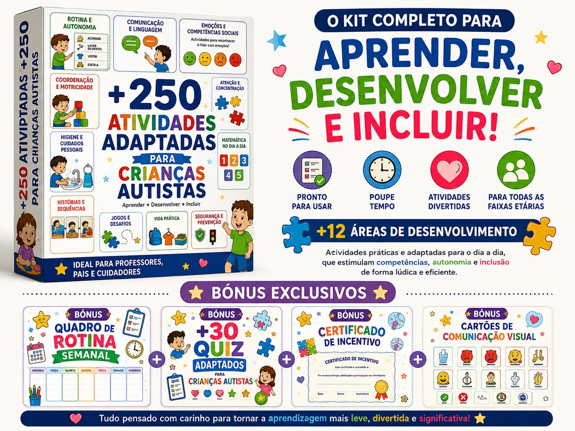 Tudo o que está incluído: o pack de mais de 250 atividades adaptadas e os 4 bónus